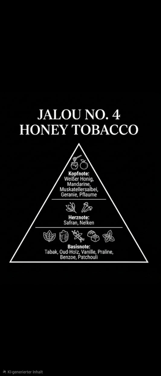 Grafische Duftpyramide von JALOU NO. 4 HONEY TOBACCO: Kopfnote mit weißem Honig, Mandarine, Muskatellersalbei, Geranie und Pflaume; Herznote mit Safran und Nelken; Basisnote mit Tabak, Oud Holz, Vanille, Praline, Benzoe und Patchouli.