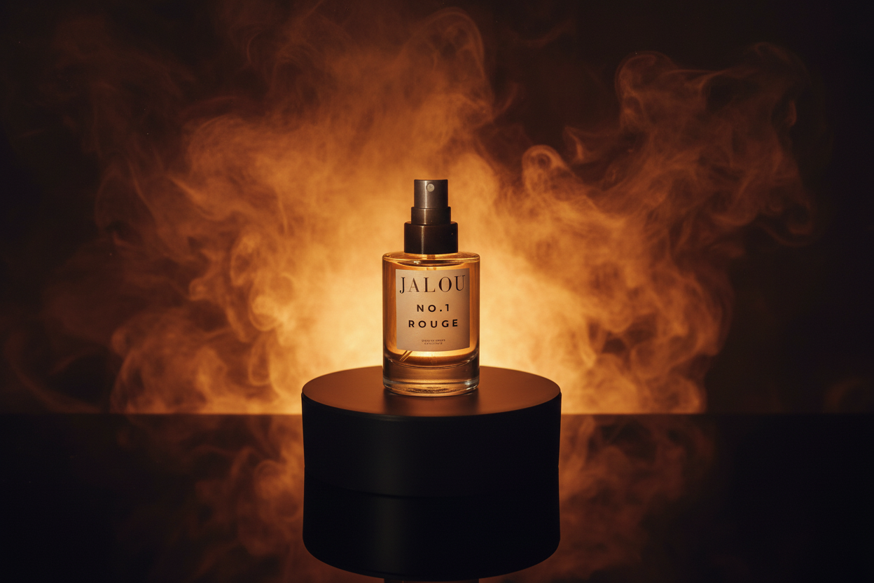 JALOU NO.1 ROUGE Extrait de Parfum 50ml Flakon auf einem schwarzen Sockel, umgeben von dramatischen, goldenen und bernsteinfarbenen Rauchschwaden in einer dunklen, luxuriösen Atmosphäre.