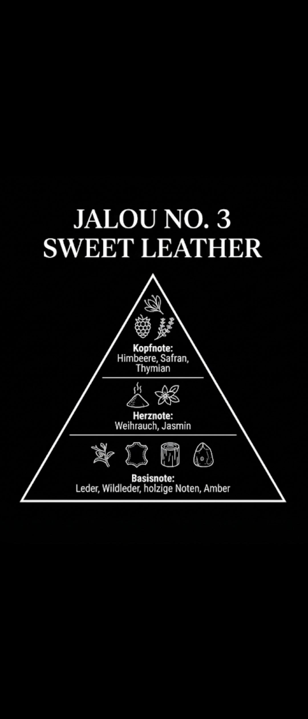 Grafische Darstellung der Duftpyramide für JALOU NO. 3 SWEET LEATHER: Kopfnote (Himbeere, Safran, Thymian), Herznote (Weihrauch, Jasmin) und Basisnote (Leder, Wildleder, holzige Noten, Amber).